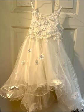 Sara Gorgeous Girls Creamy White Tulle Dress With 3D Floral Appliqués Sz 5